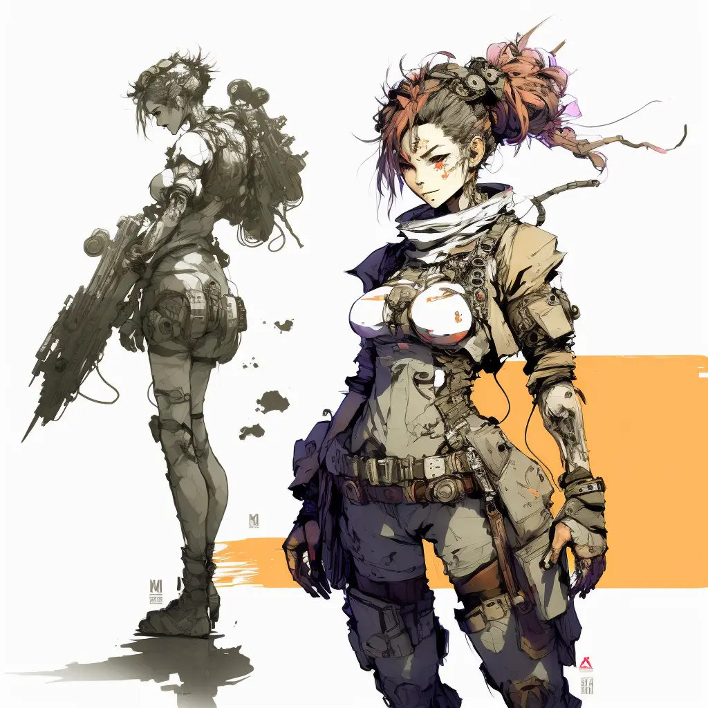 special ops with cyborg arm character design, concept design sheet, white background, style of yoji shinkawa